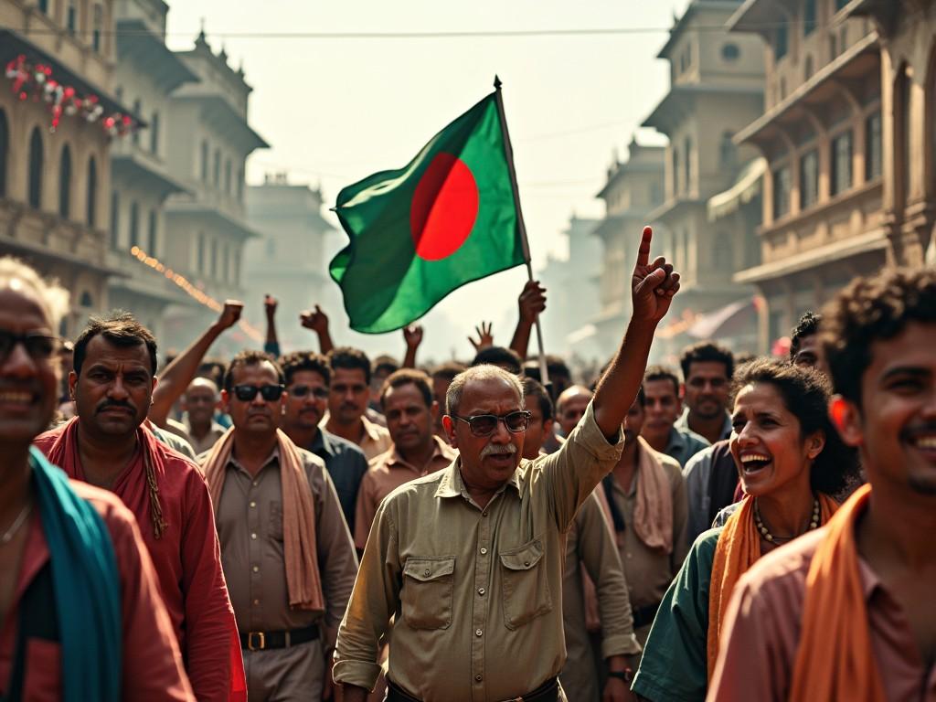 The image captures a vibrant street scene in Bangladesh on December 16, 1971. People are gathered, celebrating their victory in the Liberation War. A man passionately holds the Bangladeshi flag high, symbolizing national pride. The atmosphere is filled with joy and unity among the crowd. Faces reflect a mix of excitement and determination, showcasing the significance of this historic day.