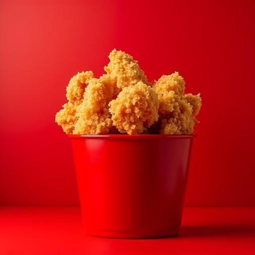 High-resolution digital advertisement featuring crispy fried chicken in a red bucket. Crunchy fried chicken tenders in a bold red background, clean surface creating visual contrast. Lighting highlights textures of chicken for marketing.