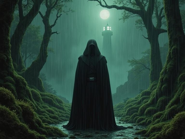 Film noir-style photograph. Jedi standing amidst a dense mossy jungle. Rain pours down, casting an otherworldly sheen. Background features deep greens and dark greys. A lighthouse emits dim light, casting shadows. Scene inspired by classic anime manga aesthetics from the year 2000. Rich textural palette; shadowy, evocative mood.