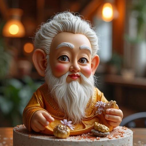 Gashapon collectible in Thai style. Character statue with intricate details. Warm ambiance and soft lighting.