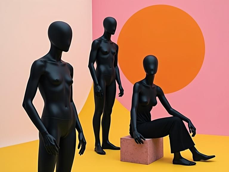 Faceless black mannequins arranged with abstract shapes. Minimalist scene featuring a bold background with bright colors. Clean and surreal composition evokes emotion and highlights fashion editorial style.