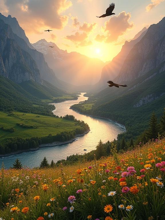 A landscape features a valley with a winding river framed by towering mountains. The river is shimmering silver-blue. The mountains have rugged dark gray and brown slopes, capped with white snow. The sky has soft orange and pink hues during sunset or sunrise. The foreground has colorful wildflowers in shades of yellow, orange, pink, and white. Several birds soar in the sky. The sun casts golden rays through the clouds, illuminating the scene.