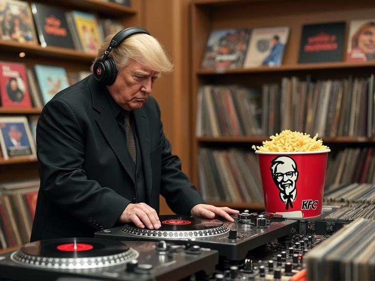 Donald Trump DJing on turntables in a record store. Wearing DJ headphones. Large KFC chicken bucket nearby. Surrounded by collections of vinyl records.