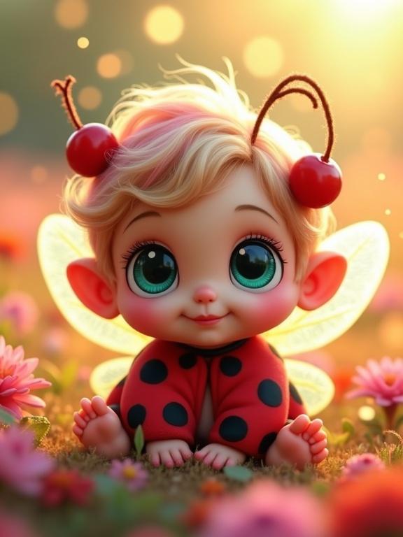 Cute creature resembles ladybug. Round face, large eyes, small smile. Body in red and black with ladybug pattern. Transparent wings and cherry-like ornaments. Surrounded by flowers. Soft golden light and magical atmosphere.