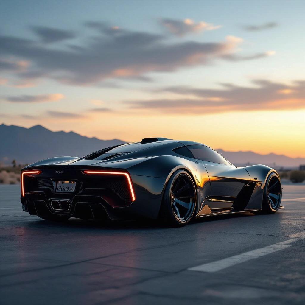 A parked futuristic low rider hypercar displayed under a soft sunset. The car has a sleek design with a shiny black finish, highlighting its aerodynamic contours. The backdrop consists of blurred mountains and an orange sky.