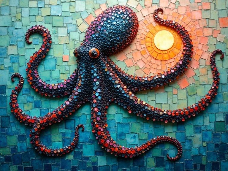 3D iridescent ceramic tile and glass mosaic of an octopus with abstract square shapes. Blends blues greens black with hints of orange pink in a surreal sunset. Thick paint applied with sponges, showcasing the octopus head and tentacles.