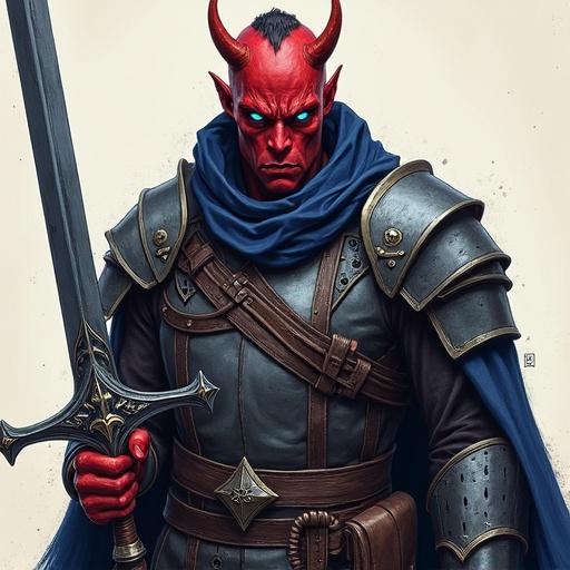 2.5D pen sketch of a male tiefling paladin armed with a dark great sword and shield. Features include piercing dark blue eyes and an intense expression. The style is colored pen with visible pencil strokes and matte shading. The texture of the paper is evident with non-photorealistic soft cel shading and artistic shading.