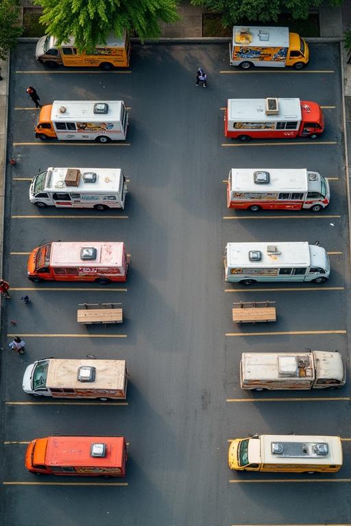 Aerial view of a trapezium parking lot with forty four food trucks parked vertically. Defined parking spaces are visible. Pedestrian scene in the middle includes tables.