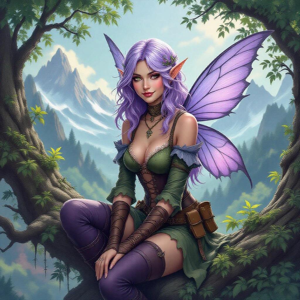 A digital watercolor painting depicts a fantasy female fairy rogue. She has lavender shoulder-length hair and a mischievous smile. The fairy sits on a tree branch with mountains in the background. The atmosphere is dark and gloomy with low light, embodying a fantasy theme relevant to Dungeons & Dragons.