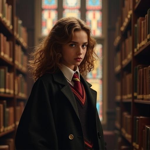 Young girl stands in a large library surrounded by books. She has long wavy hair and wears a school uniform with a cardigan and tie. Natural light fills the space.