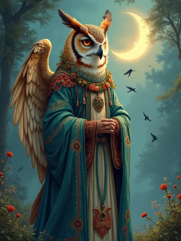 Anime style digital illustration of an owl druid priestess in an enchanted forest. She wears traditional Slavic folk robes with embroidery and bead necklaces. Wings form sleeves of her garment. Background features a glowing crescent moon and flying birds. Highly detailed and realistic textures with an ethereal atmosphere.