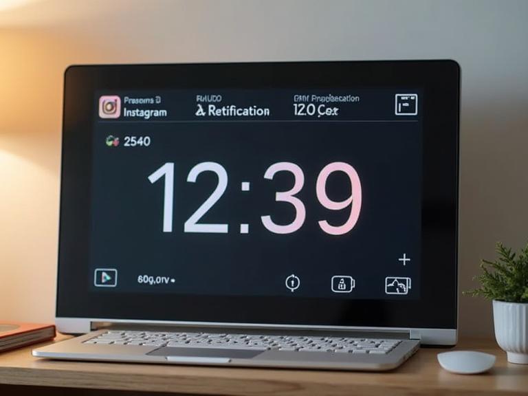 Digital clock displays time and notifications for Instagram engagement statistics.