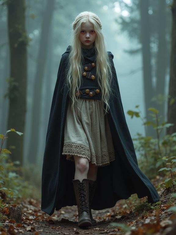 A photorealistic image showcasing a girl in a misty forest. She has long pale blonde hair and vibrant red eyes. The girl wears a traveling dress and boots. A heavy cloak covers her. She has sharp fangs and an underweight appearance, walking along a path surrounded by greenery.