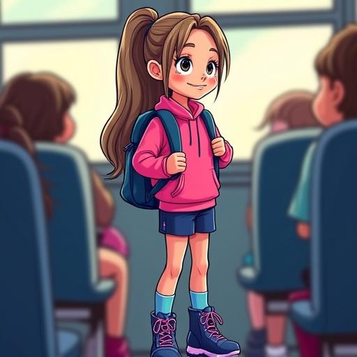 Cartoon girl with long dark-blonde ponytail. She's wearing a pink track-top, navy-blue shorts, blue socks. She has shiny dark-blue mid-calf hiking boots with light-purple laces. She's holding onto her backpack while riding a school bus.