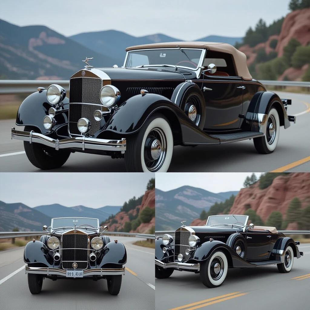 Cinematic scene showcasing a 1936 BMW 328 Roadster. Vintage sports car parked on a scenic road. Beautiful mountains and trees in the background. The car is captured with golden hour lighting. The focus is on the elegant design of the vehicle.