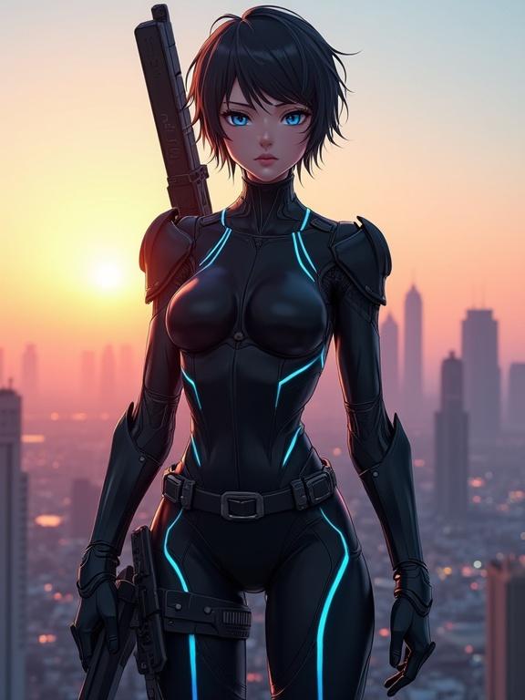 A cybernetic warrior stands in a futuristic city at dusk. She wears black armor with glowing blue accents. The sunset casts ambient light enhancing her form. The urban backdrop includes skyscrapers. A high-tech weapon rests against her shoulder. The mood conveys empowerment and resilience.
