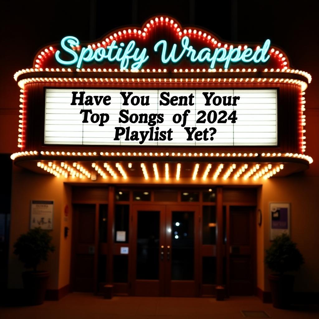 Image of a classic movie marquee sign with bright lights. It features a message asking if the viewer has sent their top songs of 2024 playlist yet. The name of the establishment is Spotify Wrapped, styled in elegant cursive. The facade is well-lit and inviting, suitable for entertainment and gatherings.