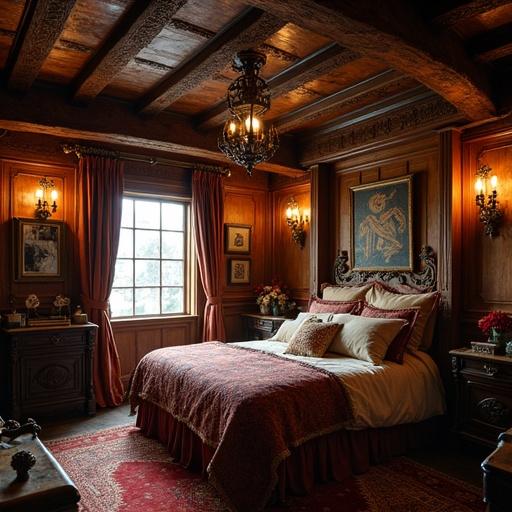 A bedroom with a pirate theme inspired by the Black Pearl. Rich wood finishes create an atmosphere of luxury. Plush bed with rich fabrics. Decorative sconces illuminate the space. Nautical details enhance the pirate theme. The room features large windows with soft natural light.