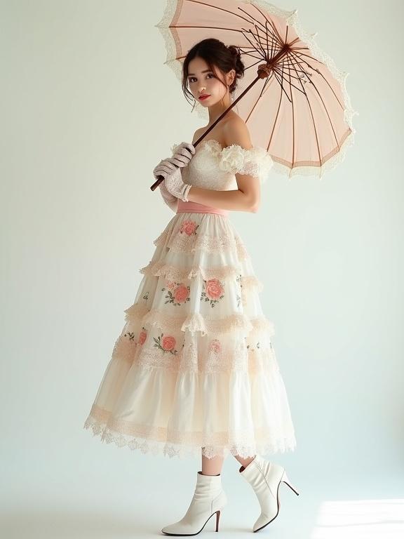 Full-length portrait of a woman in a white rose-patterned lolita-style gown. Gown features delicate lace edging and intricate floral embroidery. She stands on a white seamless studio backdrop. Right hand grips a matching rose-patterned umbrella held above her shoulder. Left hand is relaxed at her side. She wears lace gloves, a pink satin belt at the waist, and white high-heeled ankle boots. Soft cinematic glow lighting from front and side. Color grading resembles Kodak Ektar 100 film. Details include sharp focus on garment and silhouette.