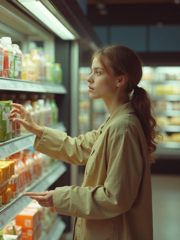 A woman in a supermarket aisle reaches for a product on the lower shelf. The background features colorful beverage products in a well-lit setting. The image has a pixelated quality and bright colors.