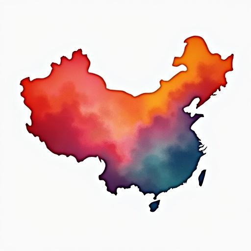 Dreamy watercolor map of China. Bright and fluid colors blend together. Ideal for travel enthusiasts and art lovers.