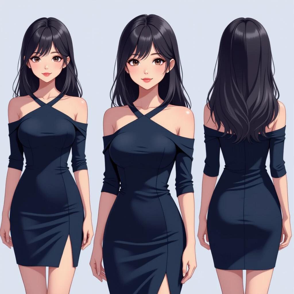 Cute Asian girl with a stylish black dress in a full body view. The dress has off-shoulder design with elegant fit. Showcasing multiple angles of the dress.
