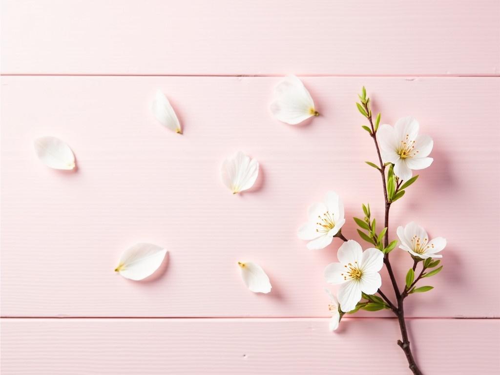 The image features a light pink wooden surface, creating a soft and calming background. Delicate white cherry blossoms are scattered across the surface, with some petals gracefully laid out around them. There is a small cluster of cherry blossom branches on the right side, showcasing their intricate details and soft pink hue. The flowers have light green leaves that add a touch of freshness to the scene. This composition evokes feelings of spring and renewal, perfect for floral-themed designs or nature-inspired artwork.