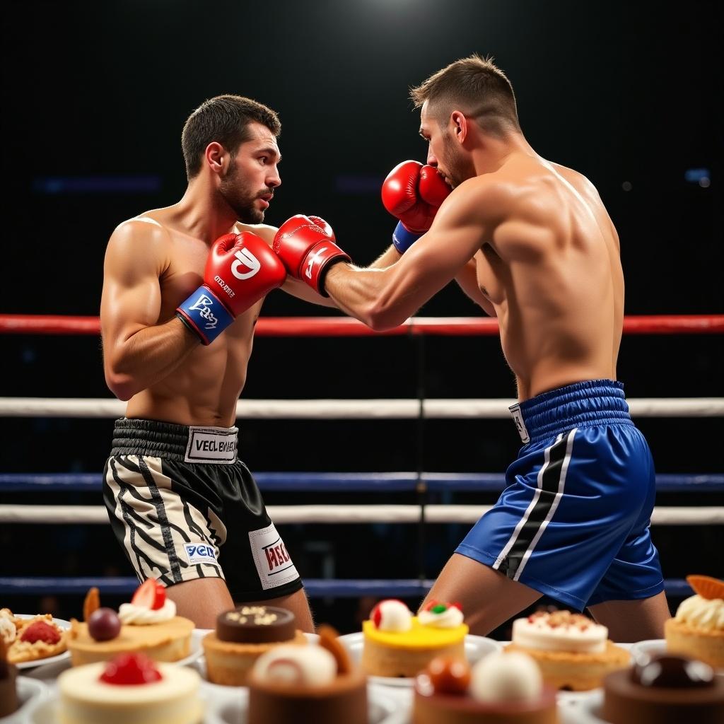 Two boxers compete in a boxing ring. One boxer throws a jab while the other counters. One boxer is thin and the other is muscular. Desserts are displayed on a table in front of them.