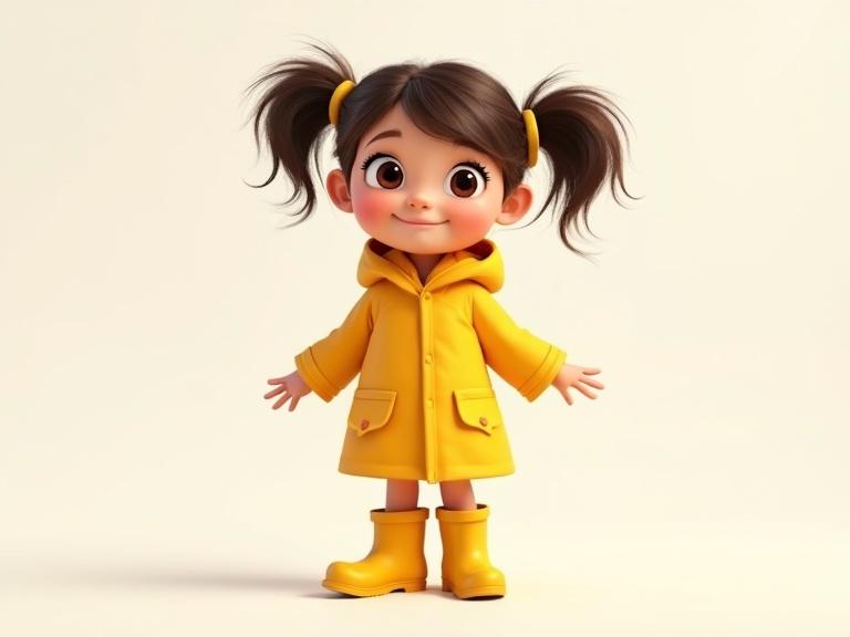 Character concept art for a 6-year-old girl named Lily. She has big brown eyes and messy pigtails. Wears a bright yellow raincoat and matching boots. Full body shot with a joyful expression on a neutral background.