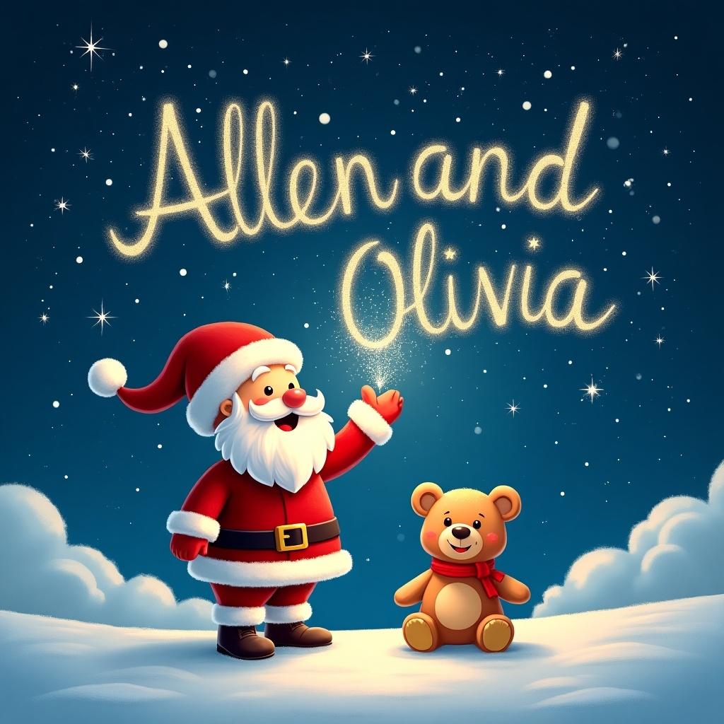 A whimsical illustration of Santa Claus joyfully writing 'Allen and Olivia' in the night sky. Next to him is a cute teddy bear wearing a scarf. The background features a beautiful starry sky and fluffy white clouds. The scene is festive and magical, embodying the joyful spirit of Christmas. The colors are bright and inviting, making it perfect for holiday decorations or cards.