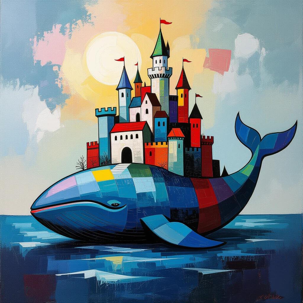 A colorful castle growing from the back of a surreal sleeping whale. Expressionist art depicting emotional intensity, using bold brushstrokes and vivid colors. The perspective is distorted, creating a sense of abstraction and raw energy.
