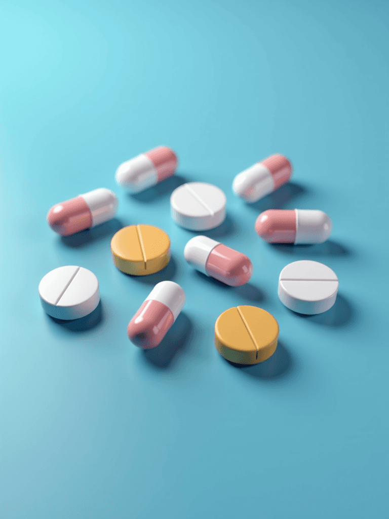 A collection of various pills and capsules arranged on a blue surface.