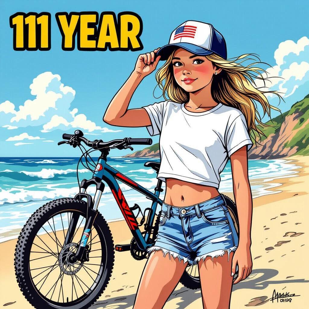A girl stands on the beach with a mountain bike. She wears a white cropped t-shirt and frayed blue shorts. She has long blonde hair. A baseball cap with an American flag design sits on her head. One hand brushes her hair while the other holds the bike handlebars. Vivid colors and a dynamic scene. The beach and mountains in the background. She is 11 years old.