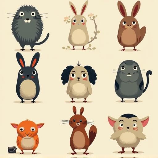 A grid of nine cute animal icons. Each animal has a distinct personality and design, inspired by Studio Ghibli. Styles are cartoonish with playful expressions and soft color tones. The layout is organized in three rows and three columns, showcasing a variety of creatures.