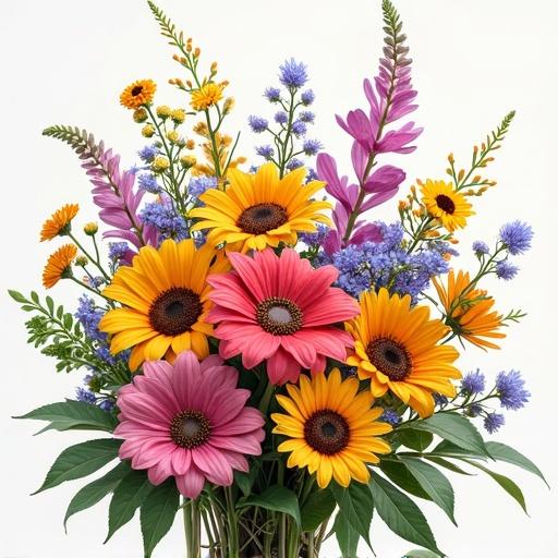 Large vibrant bouquet of wildflowers fills the image center. Bright colorful flowers including gerberas, daisies, and lupins. Lush green foliage surrounding the bouquet. Background is white to enhance flower colors.