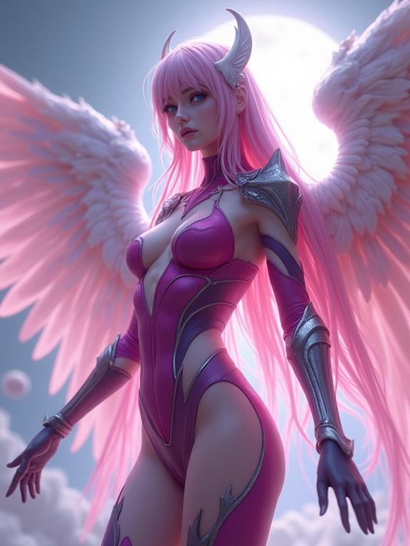 Archangel of Patience. Chaos-themed female character. Semi-realistic illustration with pink hair and unique headpiece. Light blue eyes and glowing white skin. Form-fitting magenta bodysuit with armor. Celestial realm with floating islands. Pose radiating grace and power. Intense cinematic lighting.