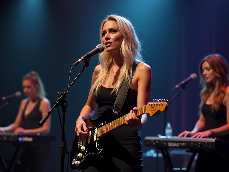Highly detailed photorealistic image of live music performance on stage. Foreground shows beautiful blonde woman singing into microphone while holding black Fender Stratocaster guitar. Passionate expression with natural makeup. Stylish stage clothing. Background features two young women playing synthesizers. Dramatic stage lighting with blurred audience in dark atmosphere. Ultra-high resolution, sharp focus on main subject.