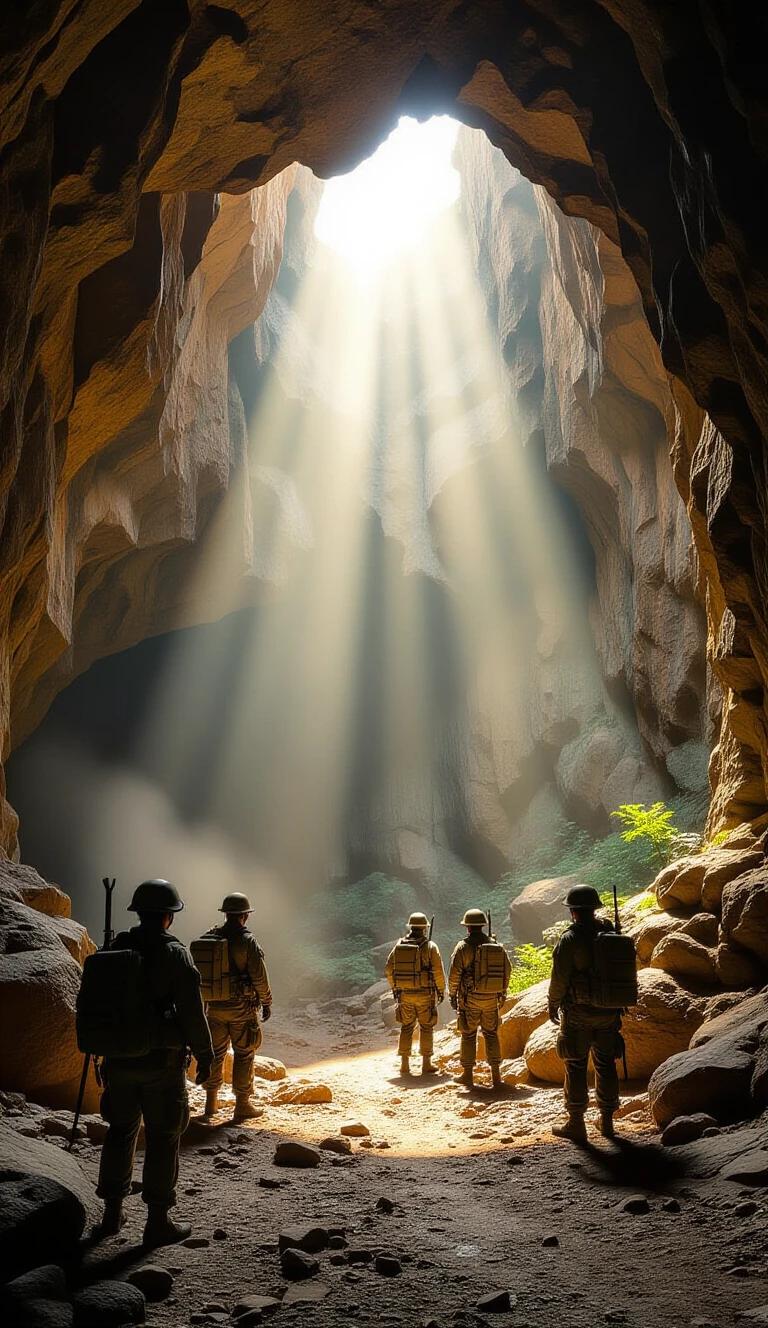 Sunrise illuminates cave entrance. Soldiers stand watching. Hopeful atmosphere.