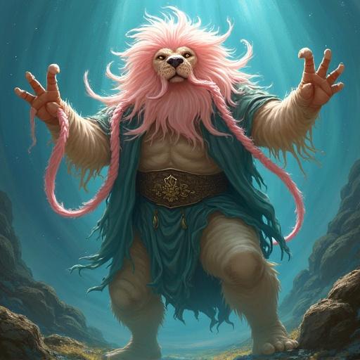 A lionmane Jellyfish monk humanoid character in an underwater setting. Character has flowing tentacle-like hair and wears a robe. Emphasize the mystical and fantastical aspects with soft lighting.