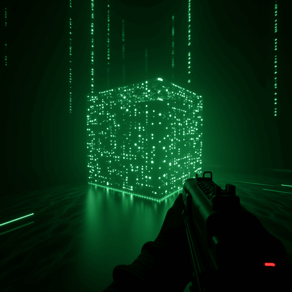 A glowing green digital cube floats in a dark space with a person holding a gun in the foreground.