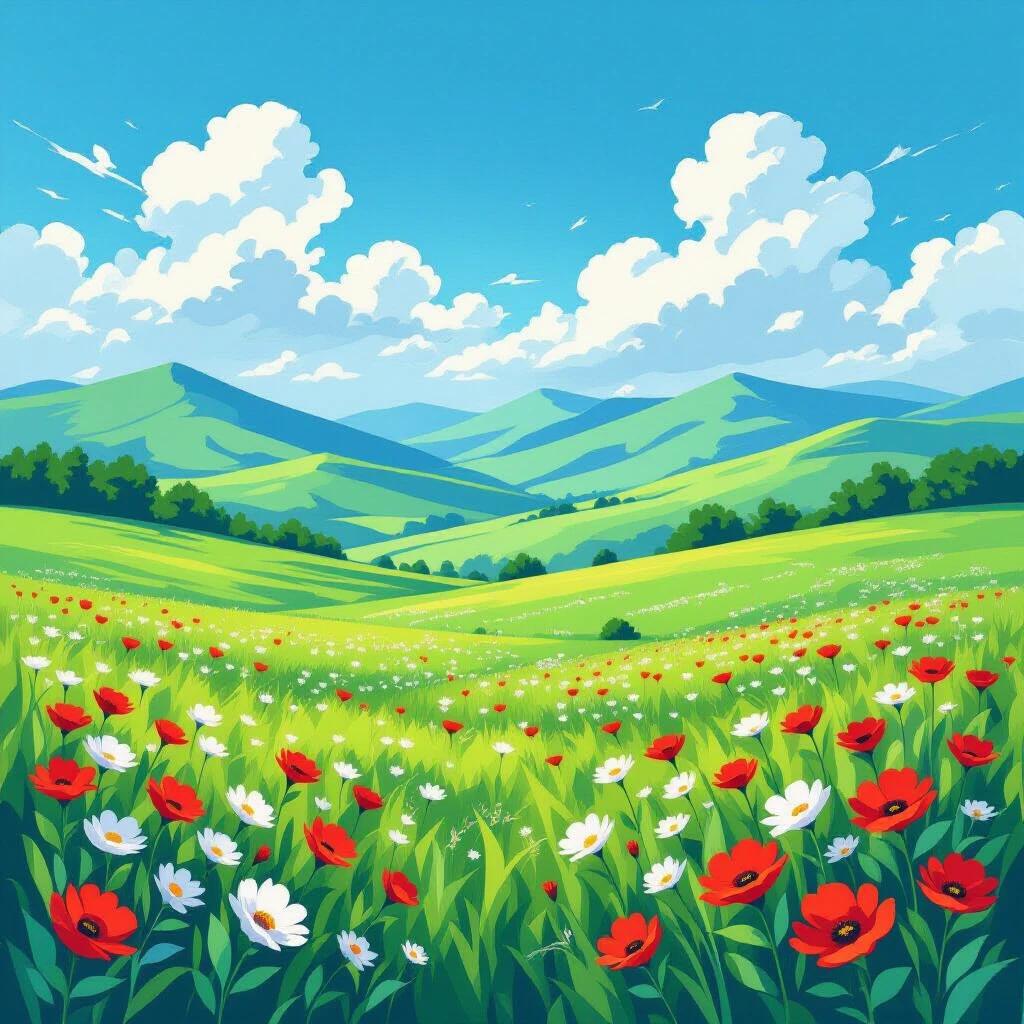 A beautiful landscape painting shows expansive green hills and wildflower fields. The background has a soft blue sky with fluffy white clouds creating a peaceful and fresh atmosphere. In the foreground, vibrant red, pink, white, and orange flowers dot the lush green grass, contrasting with the dark green hills in the distance, showcasing nature's diversity and vitality. The overall image is realistic, rich in detail, and bright in color, providing an immersive experience.