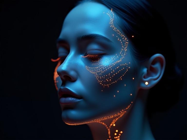 Futuristic portrait of a woman with closed eyes. Metallic blue skin. Orange glowing dots decorate the face. Dark highlighted lips. Black background enhances the aesthetics.