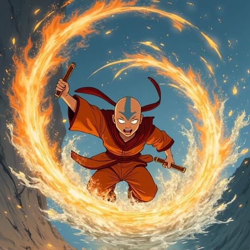 Aang in Avatar State with glowing eyes surrounded by air water earth fire Katara using waterbending Sokka leaping with boomerang Cyberpunk and traditional anime styles