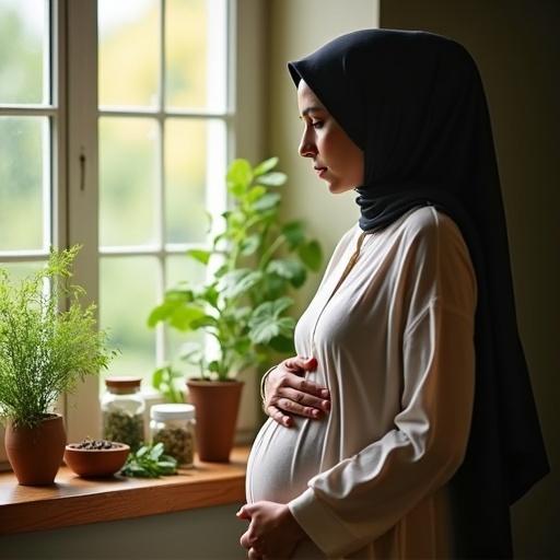A thoughtful woman gazes outside a window. She is modestly dressed and holding her stomach gently. Surrounding her are plants and herbs in glass jars and clay pots. Soft natural light fills the scene. The color scheme features warm, soothing greens and earth tones. Cultural elements reflect traditional healing.