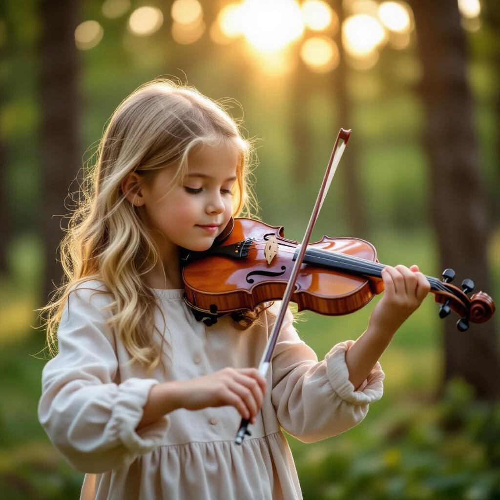 A blonde girl plays the violin in a forest park. Soft sunlight filters through the trees illuminating her. She wears a light beige dress and stands with the violin close to her chin. Hair flows in soft waves giving a serene feel.
