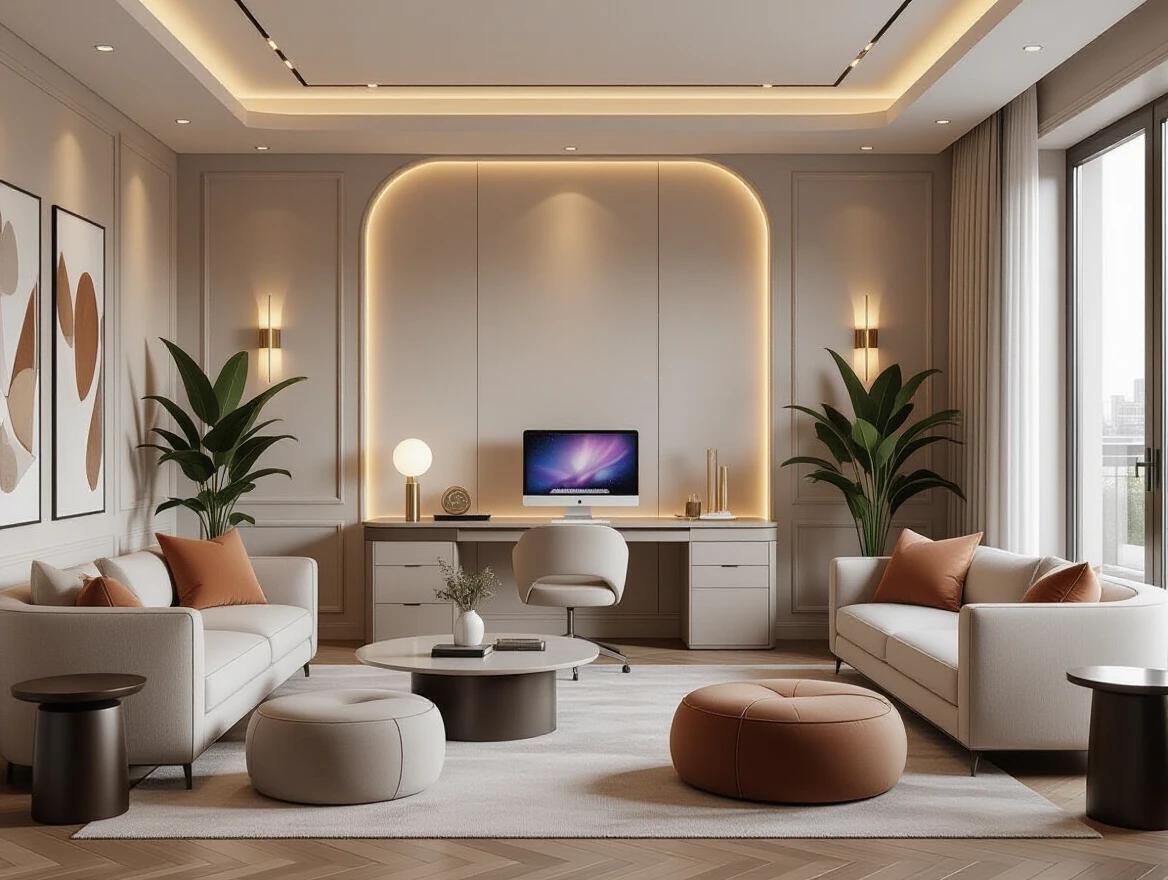 Large luxurious interior room styled like a premium private workspace. Spacious and fully enclosed by four walls. Soft ambient lighting with ceiling panels and wall sconces. A single modern PC setup on a stylish desk with an ergonomic chair. Surrounded by decorative furniture including plush designer sofas. Soft fabric bean bags and a cozy lounge corner with a coffee table. Elegant wooden or textured stone flooring. Warm neutral color palette with indoor plants. Minimalistic modern wall decor. Layered lighting with subtle shadows. High-quality materials and photorealistic textures. Organized inviting environment resembling a luxury bedroom-sized co-working zone. Cinematic relaxing atmosphere. Ultra-detailed and realistic.