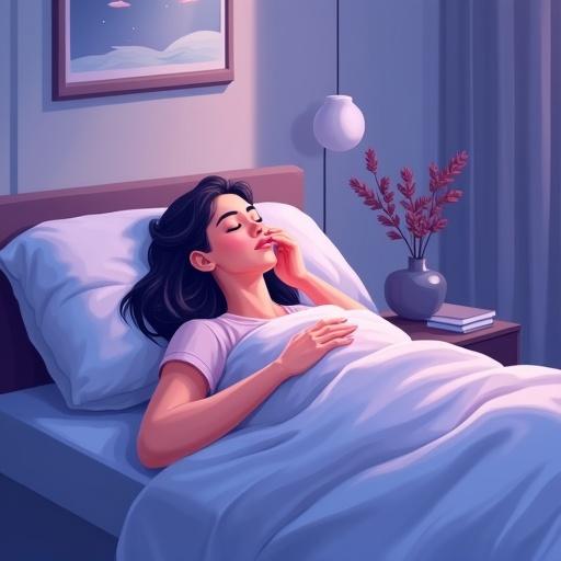 Woman practicing the Papworth Method for breathing. Focus on controlled exhalation. Bedroom scene with modern decor. Soft purple and blue background. High quality visual instruction. Text 'Papworth Method' at the top center.
