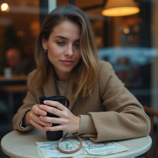 A woman sits in a café with a coffee mug. She has a conflicted expression. She touches her purse strap, reflecting on heavy money she holds. Soft lighting and warm colors create a cozy mood.