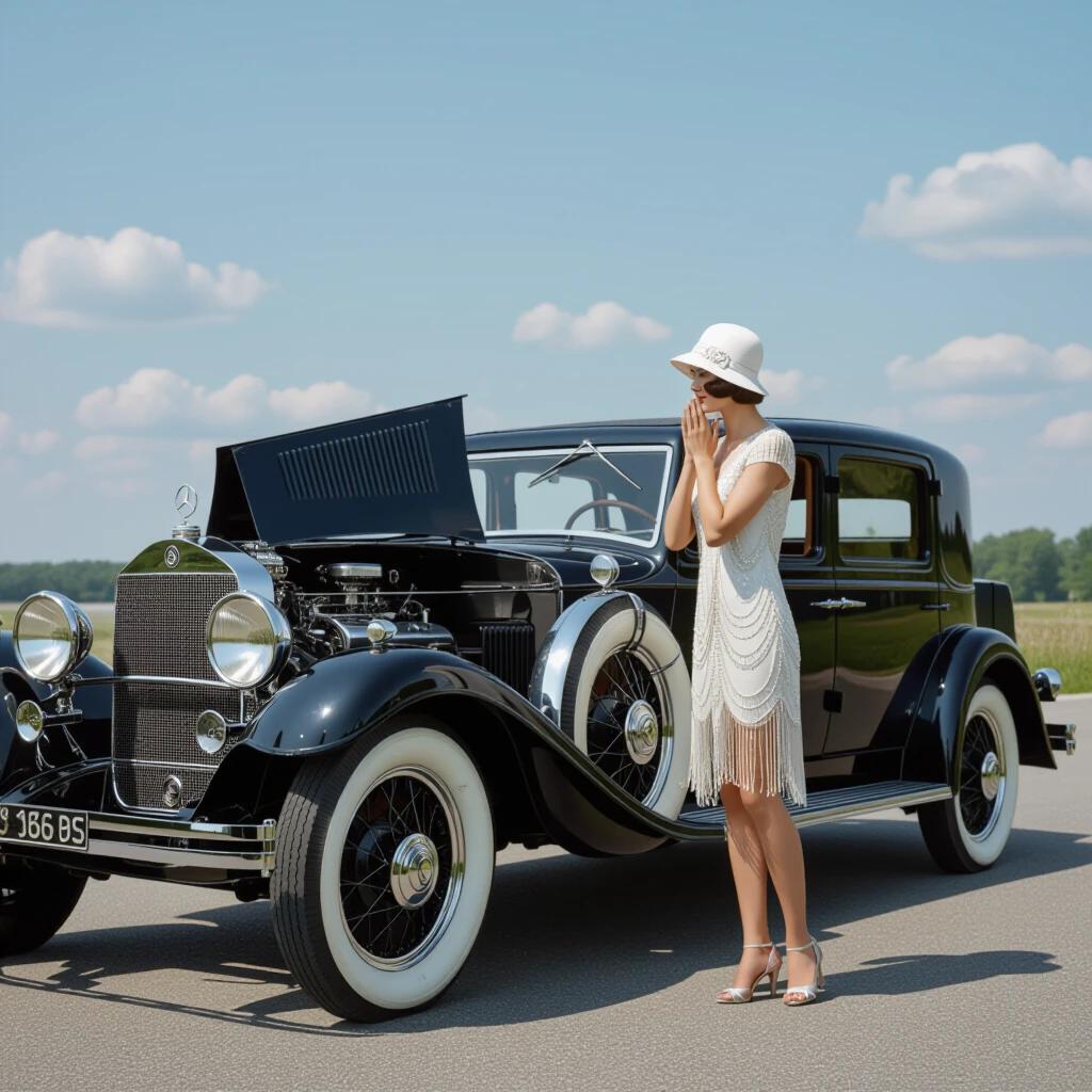 Photorealistic 1928 roadside scene featuring a socialite in a cloche hat and beaded dress beside a Mercedes-Benz 18/100 PS Sportwagen. Socialite is leaning over the left-side fender with hands on cheeks. A fully opened dual hood reveals a straight-six engine with dense steam rising from a boiling radiator. The scene captures a comedic expression of despair.