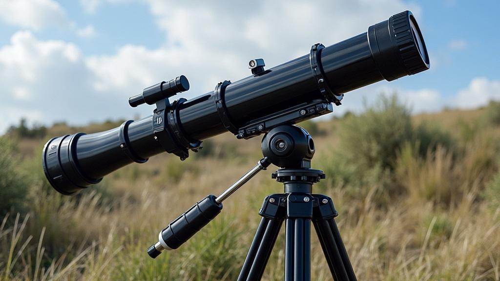 The image features a black telescope on a sturdy tripod positioned in a natural outdoor setting, suggesting a setup for stargazing or nature observation. The telescope is prominently displayed against a backdrop of tall grasses and a partly cloudy sky, evoking a sense of exploration and curiosity about the universe or nature.